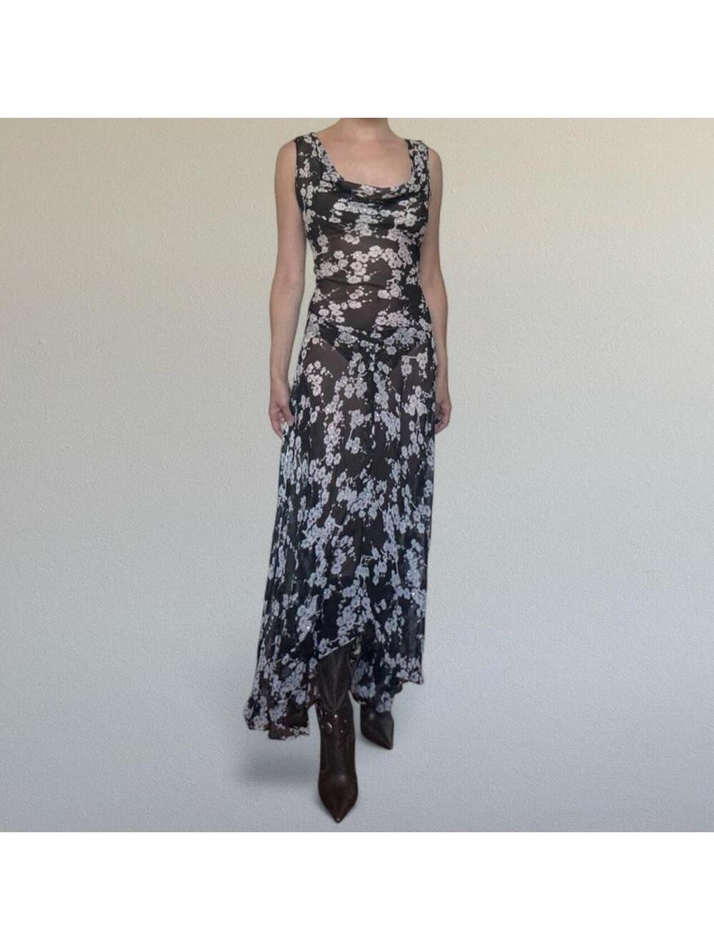 Sheer floral embellished cowl neck maxi dress Sz. M/L